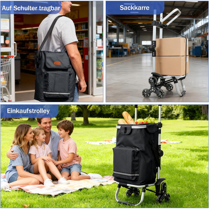 Тролей для покупок Sekey XXL з підйомником для сходин, 3 колеса, для кемпінгу та покупок, регульована ручка, алюміній 3-в-1, з відділенням для їжі та напоїв, чорний