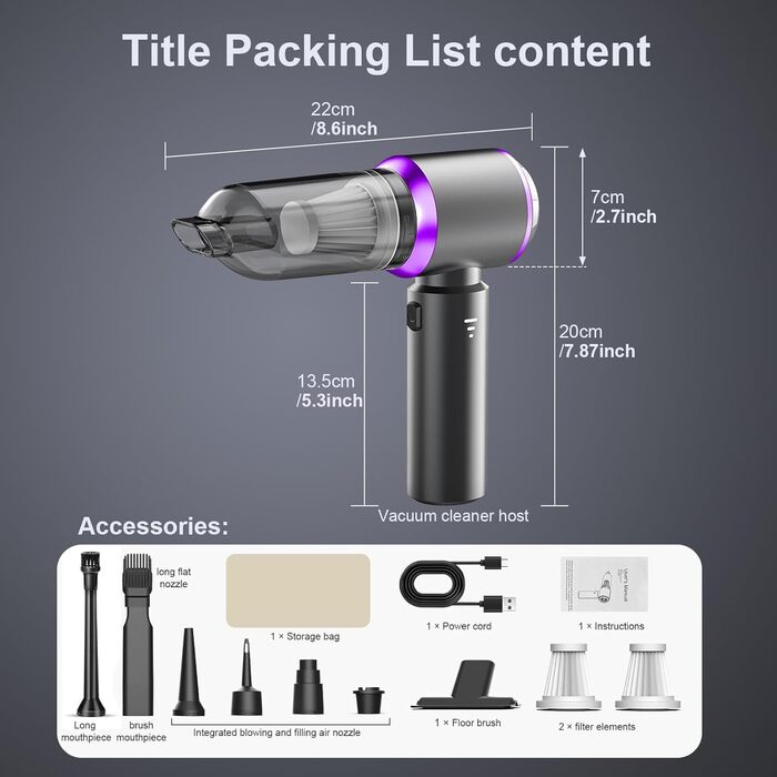 Бездротовий портативний пилосос Kedifoai: акумуляторний, 20000 Па, 4-в-1 для авто, дому, офісу та видалення шерсті тварин