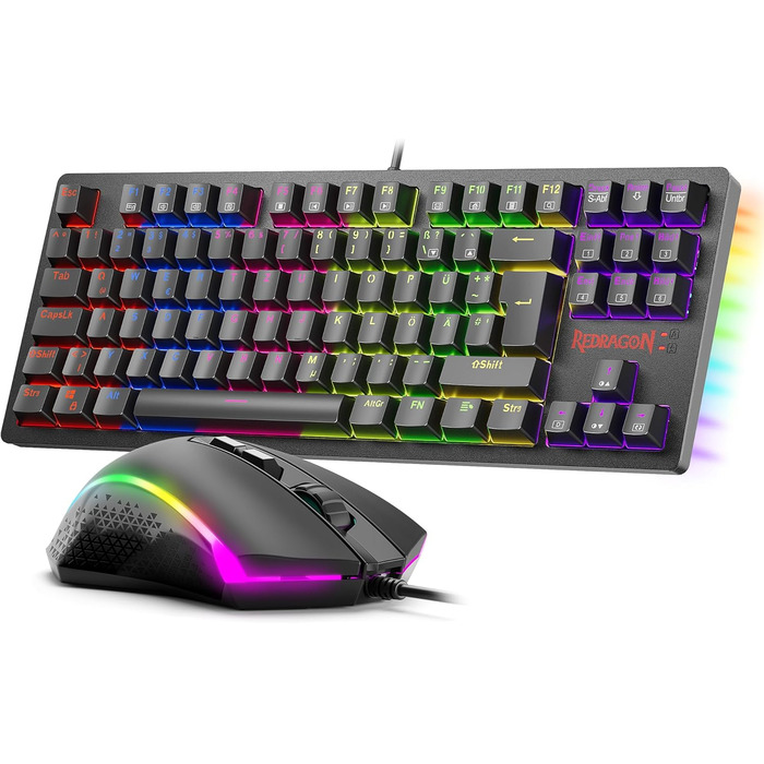 Redragon K552 Комплект: Механічна клавіатура та миша для геймінгу з RGB-підсвічуванням, brown switches, 4200 DPI, QWERTZ DE Layout