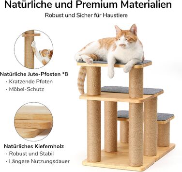 Сходинки для собак FUKUMARU, 3 сходинки, з натурального дерева та джуту, регульована висота 18-51 см, вантажопідйомність до 90 кг, знімний м'який килимок, 6 варіантів комбінації кольорів, підходить для котів та собак