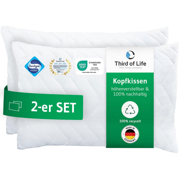 2 Pack Pillowcases 40x60 VERDA, 100% Sustainable, Orthopedic 40 x 60 cm Bed Pillows, Pillow made from Recycled Material, Adjustable Height for Back Sleepers, Side Sleepers, Allergy-Friendly Pillow 40x60 cm - Double Pack