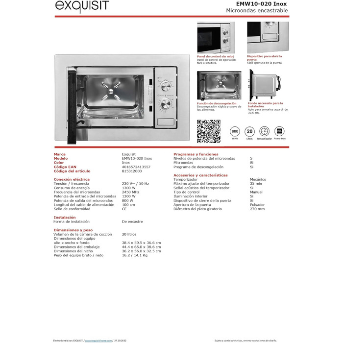 Вбудована мікрохвильова піч Exquisit EMW20-DG-020 | 800 Вт, гриль 1000 Вт, 8 програм, діаметр підноса 27 см, нержавіюча сталь