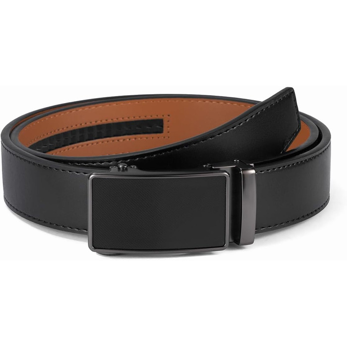 Чоловічий шкіряний ремінь VRLEGEND з автоматичною пряжкою (ратинг) без дірок для бізнесу/костюма, регульований розмір, з подарунковою коробкою, чорний