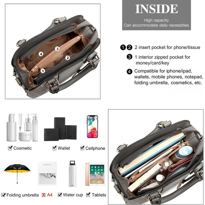 Сумка жіноча Miss Lulu середнього розміру з PU шкіри: сумка-шопер, сумка на плече для роботи, подорожей, бізнесу, сіра