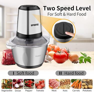 Електричний подрібнювач 600W з чашею з нержавіючої сталі 2L, 2 швидкості, 4 леза для овочів та часнику