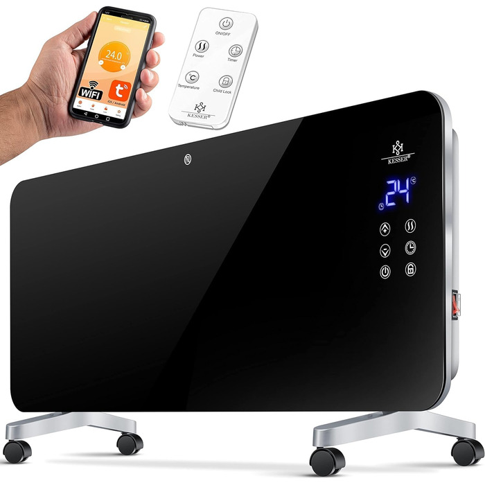 Електрична скляна панельна батарея KESSER® з Wi-Fi, сенсорним екраном та пультом керування | 2000 Вт, білий/чорний | для дому та офісу