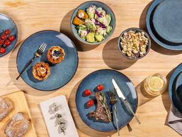 GBHOME Набір посуду з кераміки, 24 частини (12-ти та 24-ти місний), ручної роботи, реактивна глазур, тарілки та миски, стійкий до сколів та тріщин, придатний для миття в посудомийній машині та використання в мікрохвильовці, білий колір (Ceylon Blau)