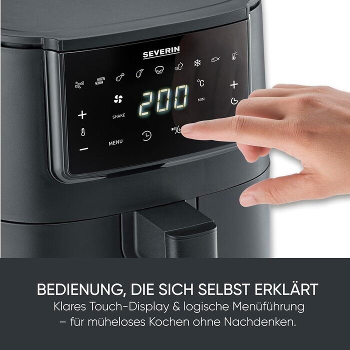 Фритюрниця Severin FryLight FR 2461: безжирова кулінарія, 1300W, 4L, чорний колір, 8 програм, Touch-Display, Warmhaltefunktion