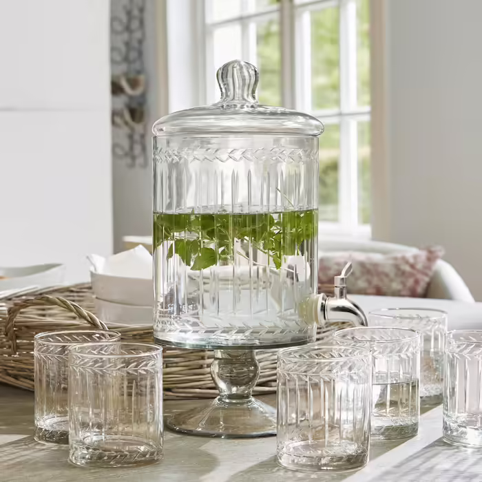LOBERON Beverage Dispenser Makiya | Glass Carafe with Tap | Artful Glass Cutting | Made of Mouth-Blown Glass | Capacity 3 Liters, clear