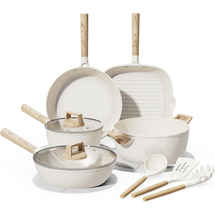 Набір посуду 14 предметів з антипригарним покриттям, преміум-кераміка, для індукційних плит, без PFOA, PTFE, PFAS, з аксесуарами