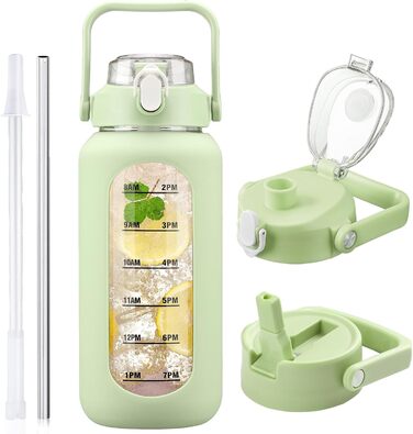 2L Glass Water Bottle with 2 Lids, Flip and Tumble, Lid, 2 Liter Large Water Jug with Time Marker and Silicone Sleeve, BPA-free, Leak-proof for Sports Gym, (Light Green)