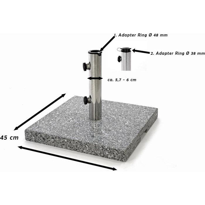Nexos Parasol Stand 25kg Polished Granite Stainless Steel Square 45 x 45 cm Parasol Stand with Grips and Reducer Rings Suitable for Umbrellas up to 3m Diameter