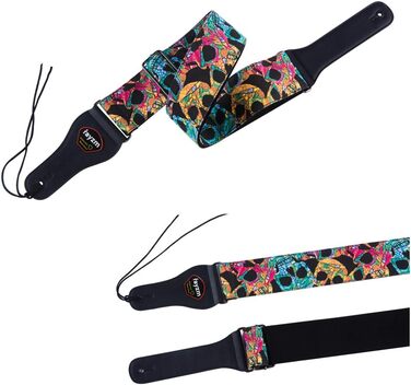 Гітарний ремінь Rayzm для акустичної, електрогітари та бас-гітари з баскліком та дизайном черепа, 6.5 см, для дорослих