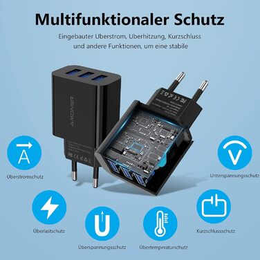 Мережевий адаптер Amoner USB 3-портовий 15W, 2 шт. для iPhone 14/13/12/11/X/8 та інших пристроїв, чорний