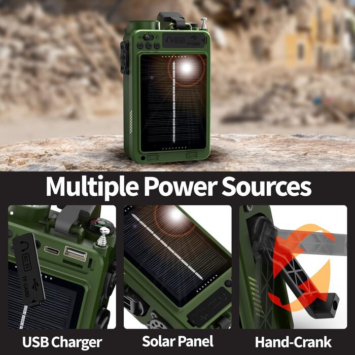 Радіо на сонячній батареї FosPower D9 з ліхтариком, AM/FM/WB, Power Bank 4000 mAh - Темно-зелений