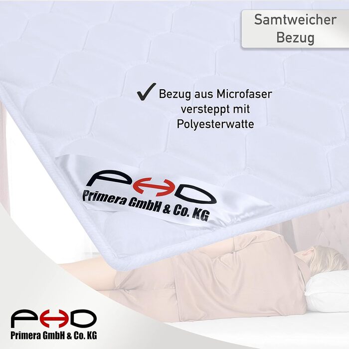 PHD Primera Mattress Topper 160x200cm Flat/Thin - 2 cm Height with Cover for Box Springs & Double Beds - Made in EU. Connects mattresses into one sleeping surface. Topper washable up to 40°C 160 x 200