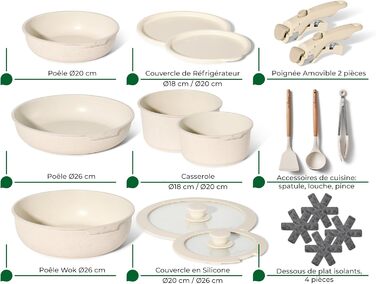 Набір кухонного посуду Just Perfecto 18 предметів з антипригарним покриттям, знімні ручки, для всіх типів плит (індукційні), без PFOA (Бежевий)