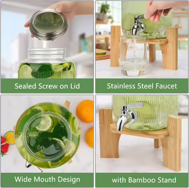 2-Piece 4L Glass Drink Dispensers with Spigot, Stand, and Stainless Steel Tap - For Parties, Cocktails, Juice, Water, and Beverages