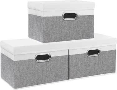 Yawinhe 3-Piece Storage Boxes with Lids, Foldable Fabric Box with Handles, Storage Boxes, for Bedroom, Clothes Storage, 32x23x20cm, SNK023G-3 (32x23x20cm/3-Pack, White/Gray)