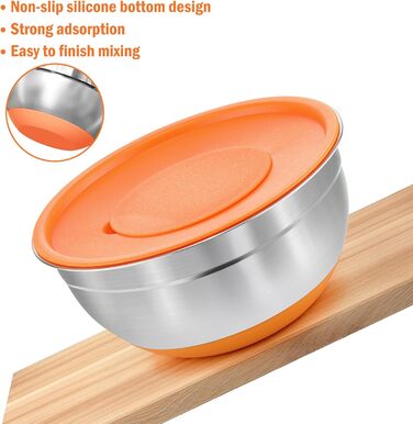 Набір місок для перемішування BEWOS 7 шт. з кришкою, нержавіюча сталь, набір місок з терткою, вкладна конструкція, кольорові нековзні дна, об'єм 4.3, 3.8, 3.3, 2, 1.4, 1, 0.7 л для змішування та подачі