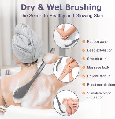 Масажна щітка для спини, щітка для душу, скрубер для тіла з довгим руків'ям для пілінгу та масажу, покращує кровообіг (Чорний PE)