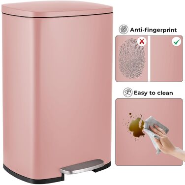 Відро для сміття LIFERUN 30л з кришкою, м'яким закриттям, з внутрішнім відром, сталеве, для кухні, ванної кімнати, офісу, рожеве