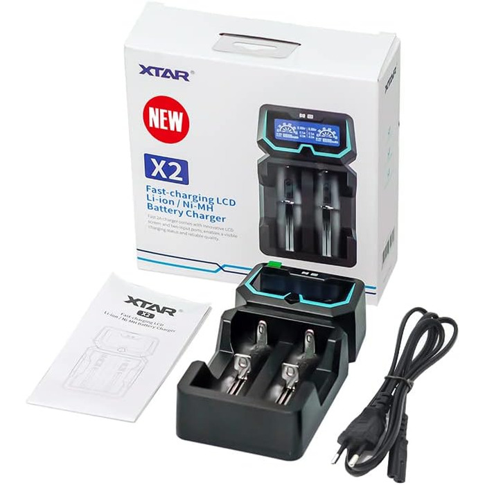Зарядний пристрій XTAR New X2 для акумуляторів 20700/21700/18650 LCD 2A, мережевий адаптер 3.6V/3.7V/1.2V AAA/C/D