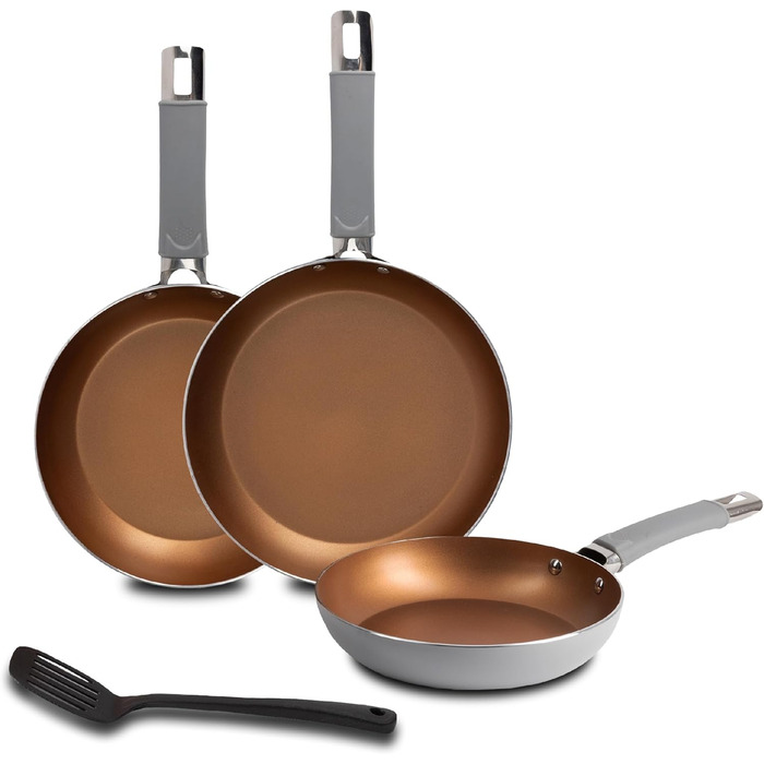 Набір кухонного посуду Bergner Loja Reeco: 3 сковорідки 18-22-26 см + лопатка з алюмінію. Індукційне дно, мідна якість.