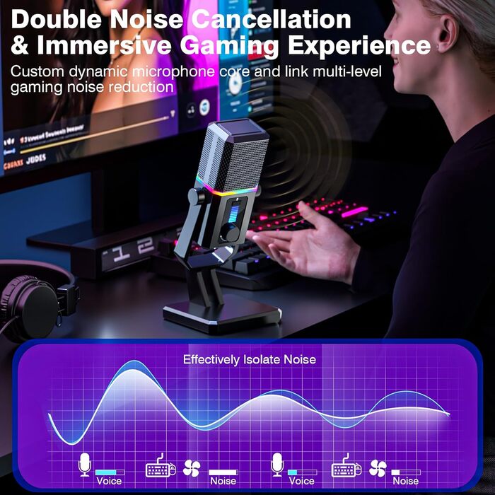 Мікрофон Facmogu HK2 для геймінгу та стрімінгу з RGB-підсвічуванням, USB, динамічний, для ПК, комп'ютера, Twitch, подкастів
