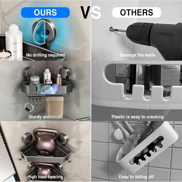 Поличка для душу без свердління, кутова поличка для ванної кімнати з присосками, корзина для душу з тримачем для рушників та знімними гачками (2 шт., сіра)