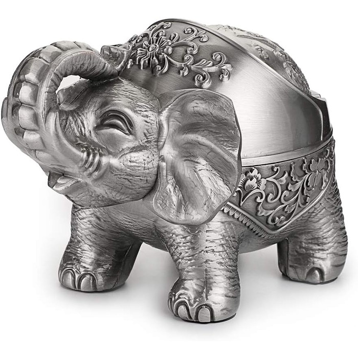 BSTKEY Vintage Ashtray with Lid – Elephant Shape, Table Ashtray, for Indoor and Outdoor Use, Retro, for Home, Office, Decoration Silver