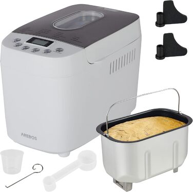 Хлібопечка Arebos 1500г з 15 програмами, таймером та LCD дисплеєм | Хлібопекарня з 3 рівнями підсмажування та 2 гачками для тіста