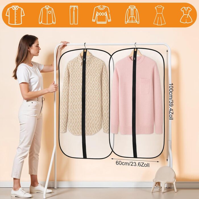 12 містких мішечків для одягу Dntorx 100 x 60 см, PEVA, прозорі, з блискавкою. Захист для костюмів, сорочок, суконь, пальто.