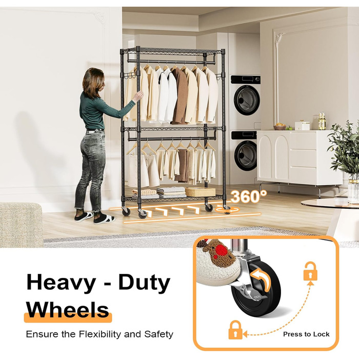 Міцний мобільний вішак для одягу з 3 рівнями, регульованими полицями, 2 штангами та гачками, чорний 40x75x189.3 см