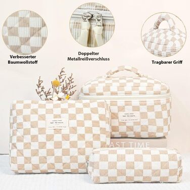 Набір косметичок з квітковим принтом для дівчаток та жінок, степкова косметичка для макіяжу, бавовняний набір культбеулів, косметичка Coquette, естетичний аксесуар Clean Girl, косметична сумочка (хакі в клітинку)