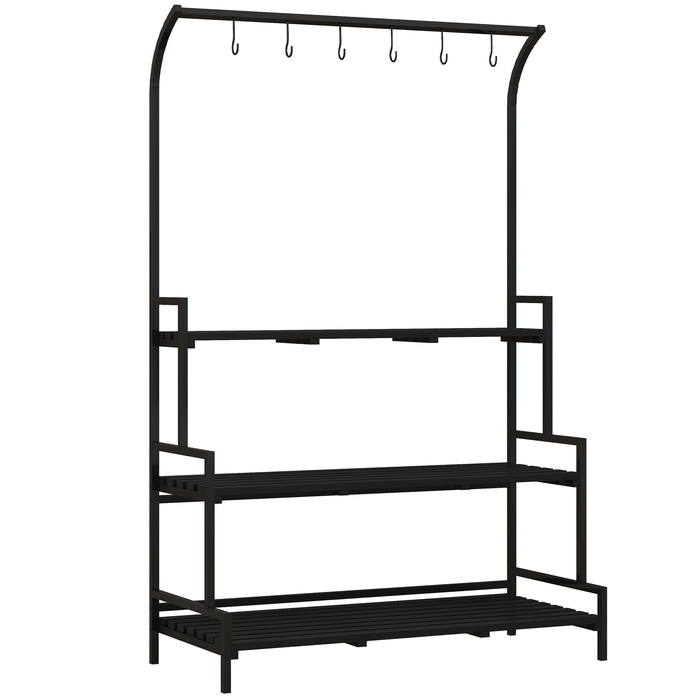 Outsunny 3-Tier Plant Stand Flower Stand with 6 Hooks, Black Steel Plant Ladder, 110x50x170cm for Garden and Balcony