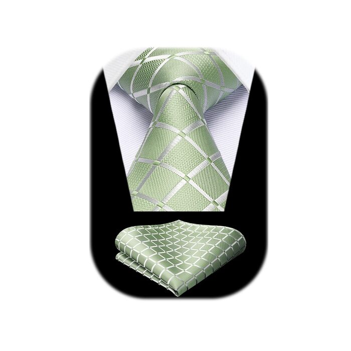 HISDERN Комплект краватки та кишенькового хустинки в клітинку для чоловіків (світло-зелений)