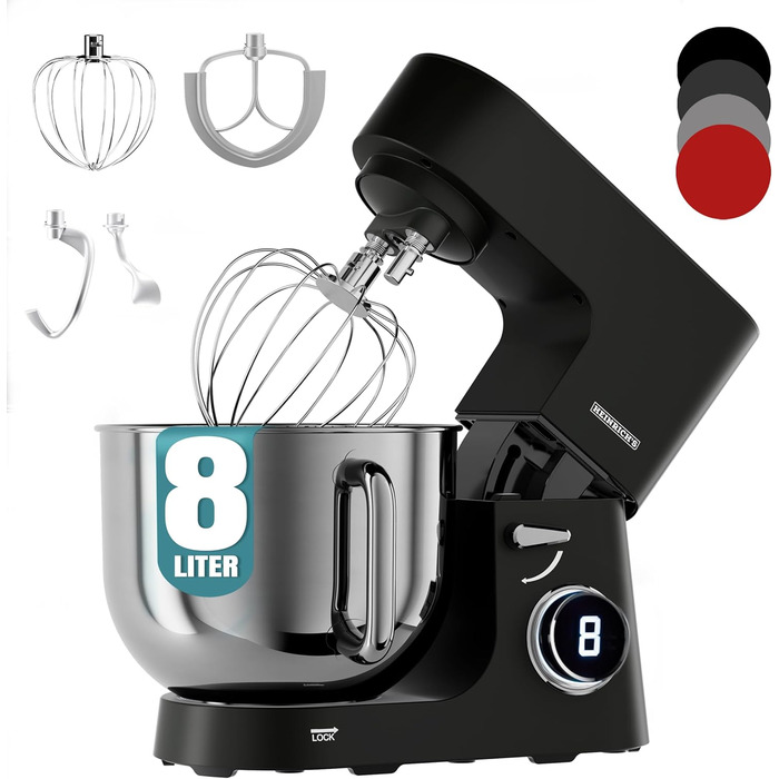Кухонна машина Heinrichs 2500W з подвійним гаком для тіста, міксером та вінчиком, 8 швидкостей, чаша 8L з нержавіючої сталі, чорна