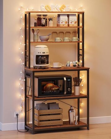 Стелаж кухонний VASAGLE з розетками, 6 полиць, гачки, сталевий каркас, 40x60x167 см, колір горіх + білий