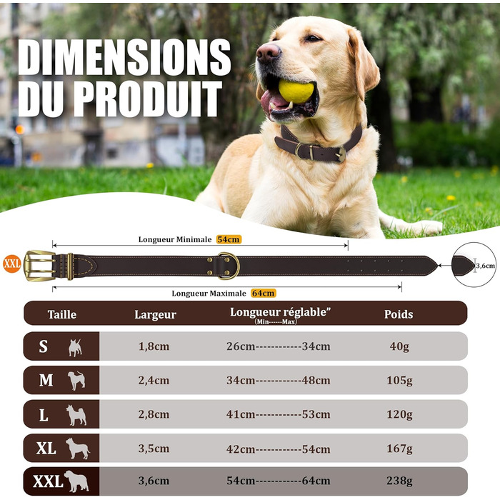 Нашийник для собак з натуральної шкіри, великих порід, XXL - міцний нашийник з латунною застібкою та D-подібним кільцем