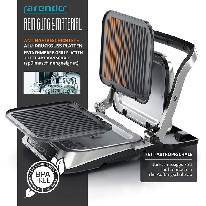 Arendo Electric Grill with Digital Control - 1900W Multi-Function Grill & Sandwich Maker - Stainless Steel, 7 Programs, Easy Clean