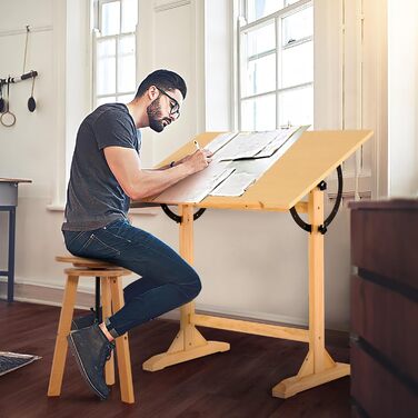VISWIN Adjustable Drawing Table - Large Wooden Art Desk for Artists - Height & Angle Adjustable, Solid Pine Wood, Studio Easel Table for Painting & Drawing