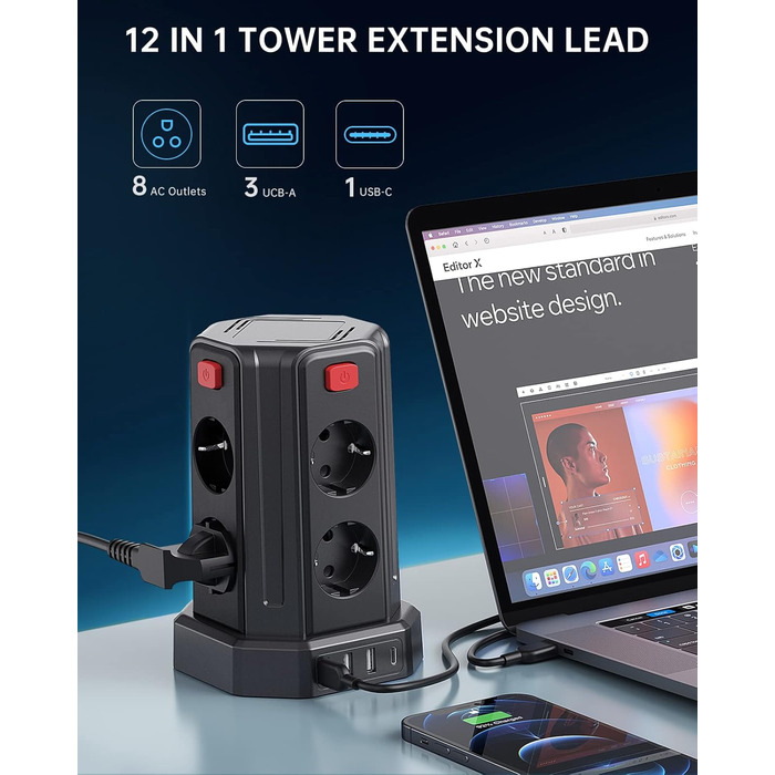 Мережевий фільтр Sameriver з 4 USB, 8 розеток, захистом від перенапруги, вимикачем та 2м кабелем, чорний