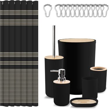 Набір аксесуарів для ванної кімнати Britimes, чорний: шторка для душу, сміттєвий бак, дозатор мила, тримач для унітазу, тримач для зубних щіток та стаканчик для зубних щіток