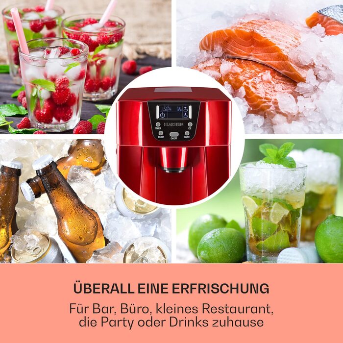 Машина для приготування льоду Klarstein Eiswürfelmaschine Klein, 2L, червона, з дозатором води, для 12 кг льоду, швидка, з сигналом