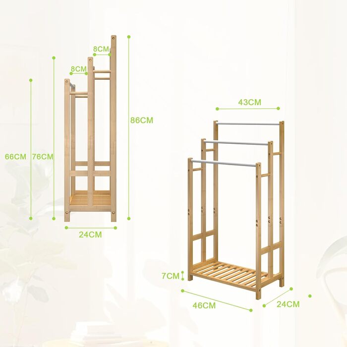 Підставка для рушників Dripex бамбукова, вільна стоянка, 96 см, з 3 стійками з нержавіючої сталі та полицею для ванної кімнати