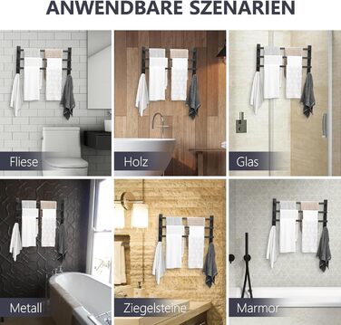 Тримач для рушників без свердління для ванної кімнати | Без бактерій | Приховані шурупи | Тримач для рушників з гачками - нержавіюча сталь SUS 304, чорний