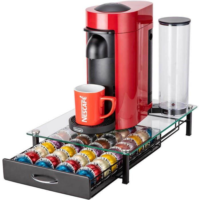 Підставка для капсул кави FlagShip, органайзер для Nespresso Vertuo, чорний металевий ящик на 40 капсул (з скляною кришкою)