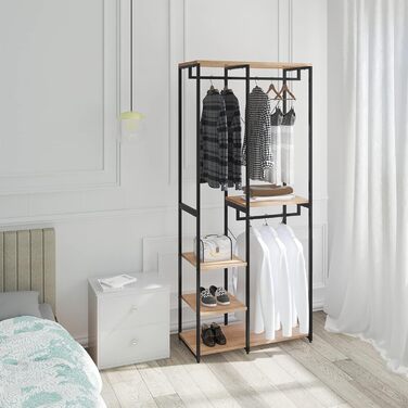 WOLTU Wardrobe/Clothes Rack/Laundry Rack with Shelf, Shoe Rack, Wooden and Steel, Hanging Shelf, White + Light Oak (Black + Light Oak)