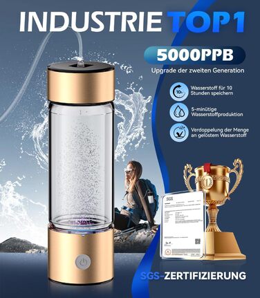 Воднева пляшка IUHFSIFS 2-в-1, 5000PPB, 450 мл, срібляста, SGS сертифікат, нова SPE PEM технологія, подвійна концентрація водню, очищення води за 3 хвилини